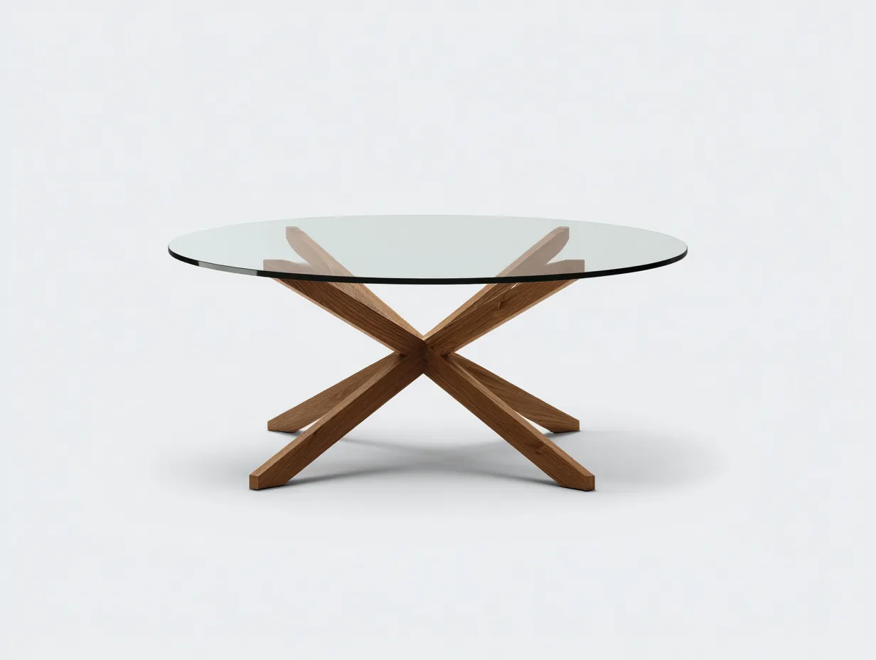 Mesa de centro vidrio y madera 120x120x42 cm - transparente marrón - base cruzada para salón