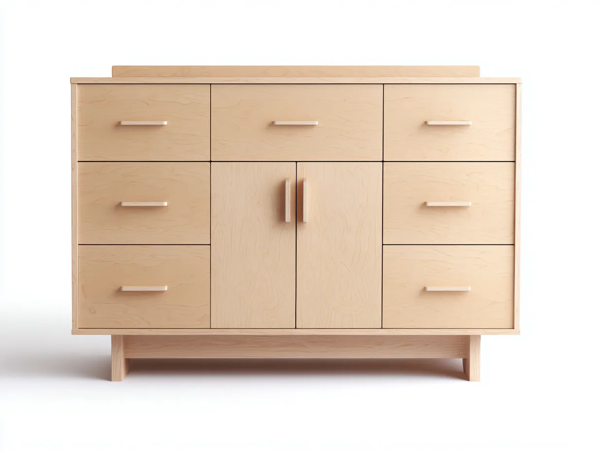 Cómoda de madera clara 150x45x88 cm - seis cajones y puertas centrales para dormitorio