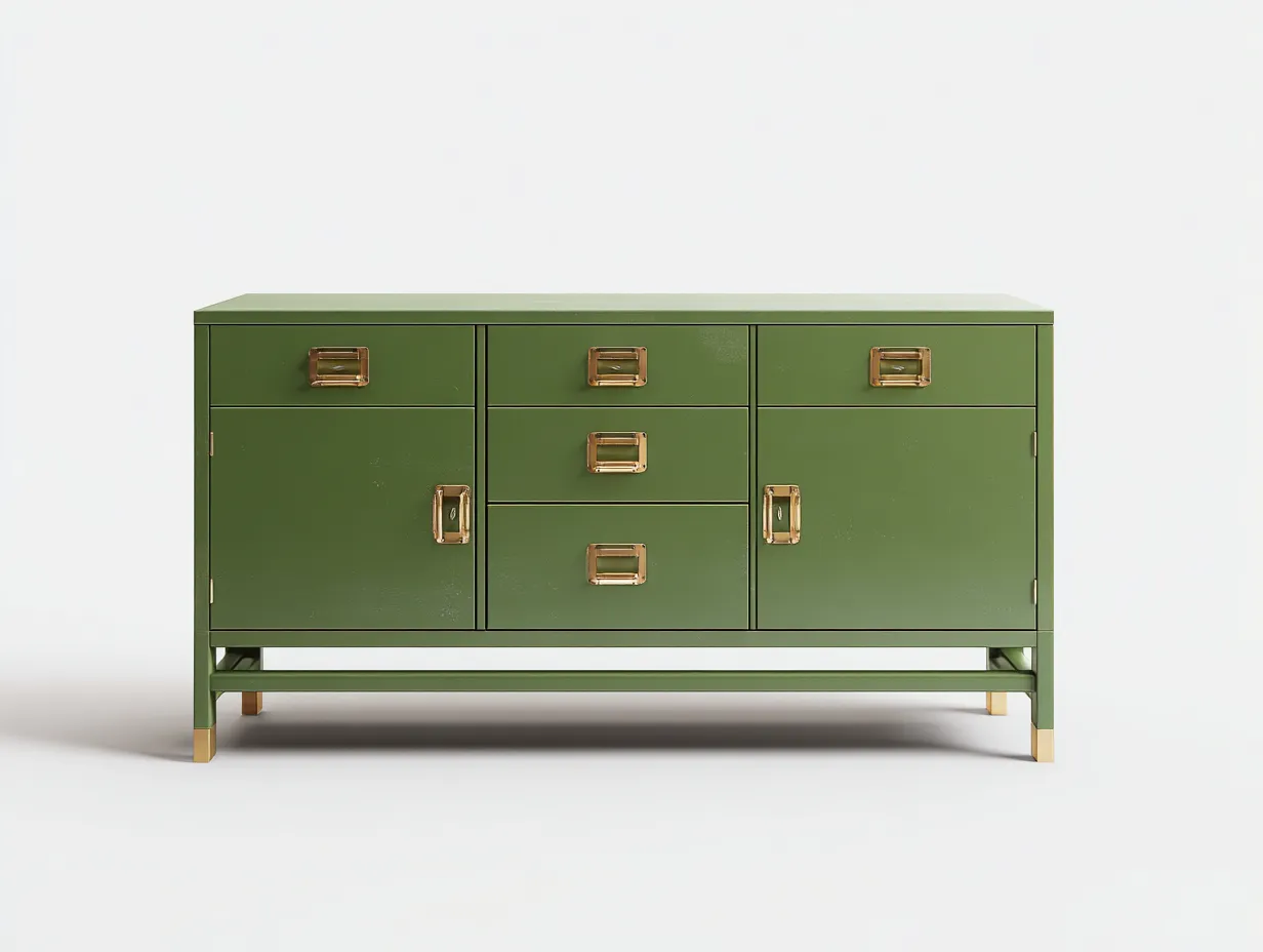 Cómoda verde oliva 150x45x84 cm - cajones centrales y puertas laterales con herrajes dorados