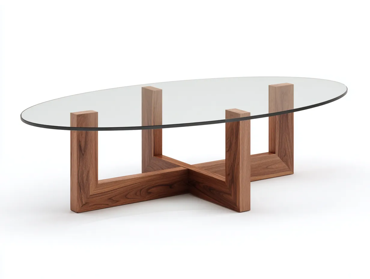Mesa de centro de vidrio ovalado y madera 125x70x40 cm - marrón-transparente - base geométrica para salón