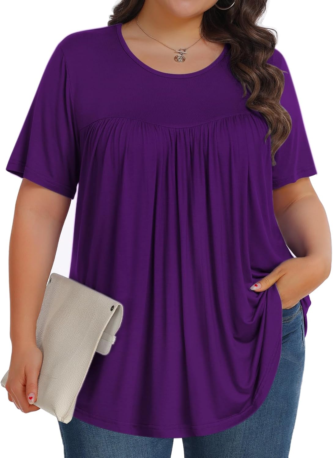 【Best Selling】Womens Plus Size Tops Tunic Short Sleeve Crew Neck Shirts Casual Soft Blouse M-5X