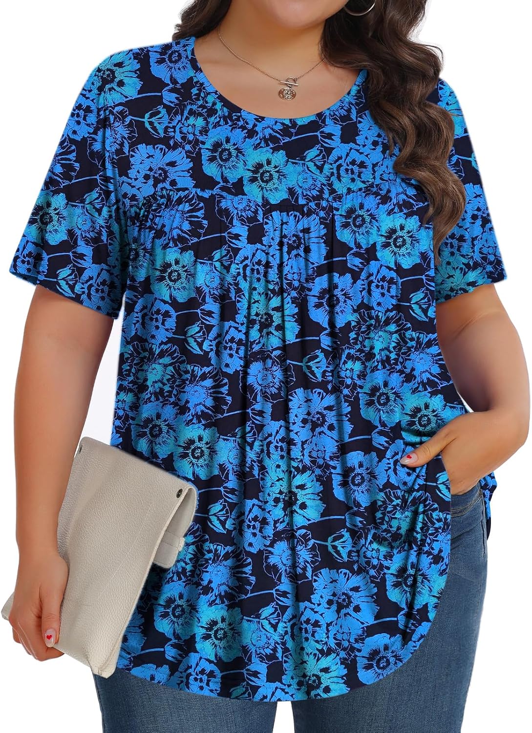 【Best Selling】Womens Plus Size Tops Tunic Short Sleeve Crew Neck Shirts Casual Soft Blouse M-5X