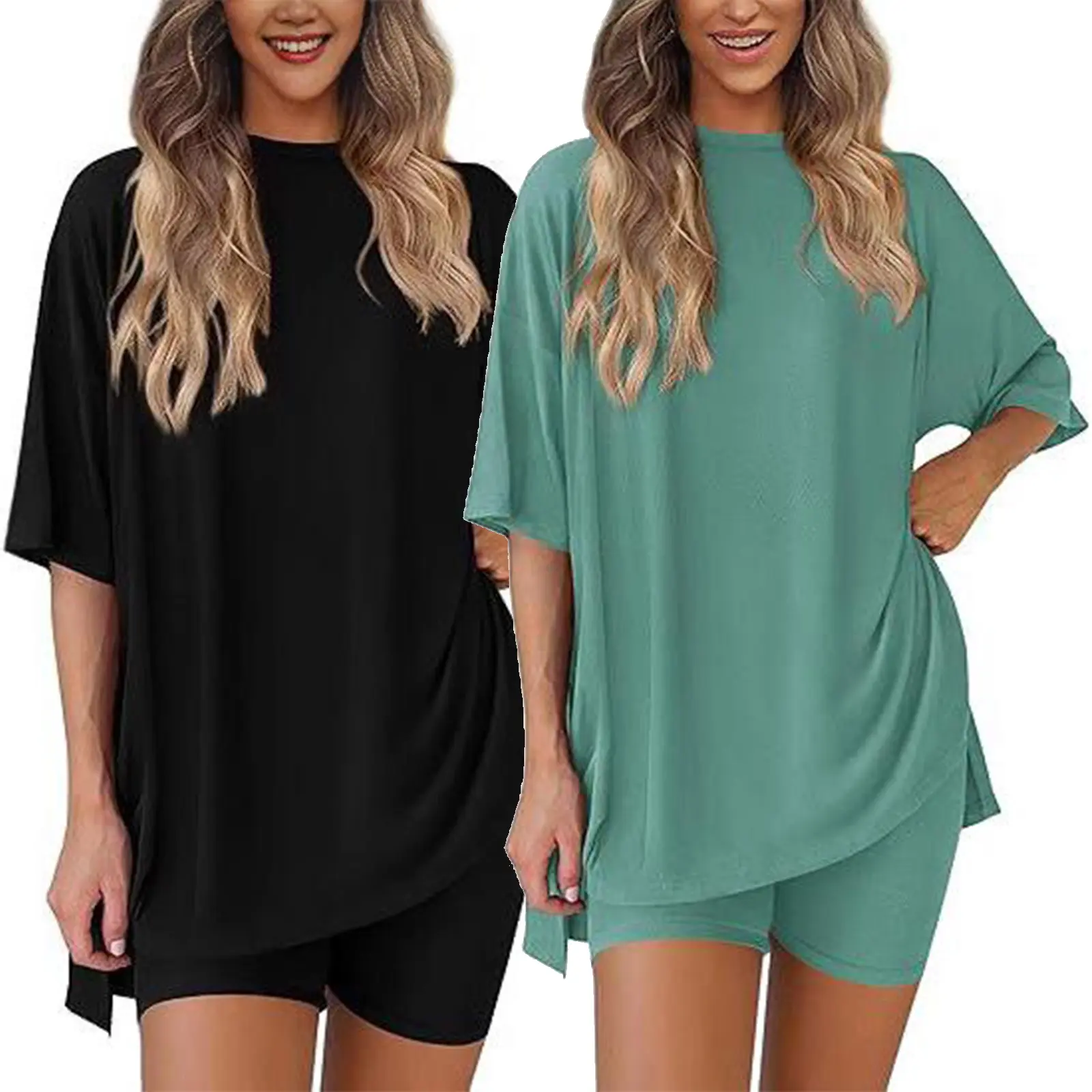 Women's 2026 Summer Minimalist Basic Suits, Two-Piece Set For Women Round Neck Oversized Shirt & Fitted Shorts Matching Clothing Set, Plus Size Split Hem Clothes for Airport Travel & Lounge, Crewneck  pretty girl sets