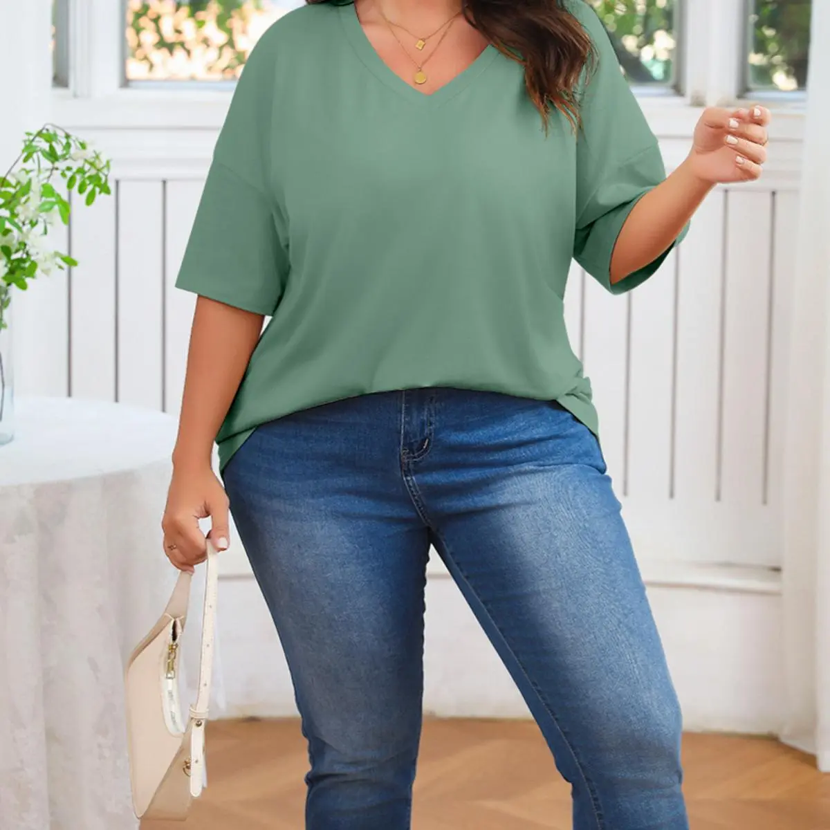Women's Plus Size V Neck T Shirts Summer Half Sleeve Tees Casual Loose Fit Cotton Tunic Tops