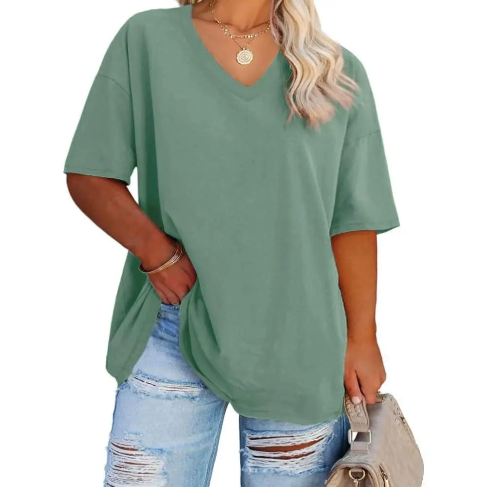 Women's Plus Size V Neck T Shirts Summer Half Sleeve Tees Casual Loose Fit Cotton Tunic Tops