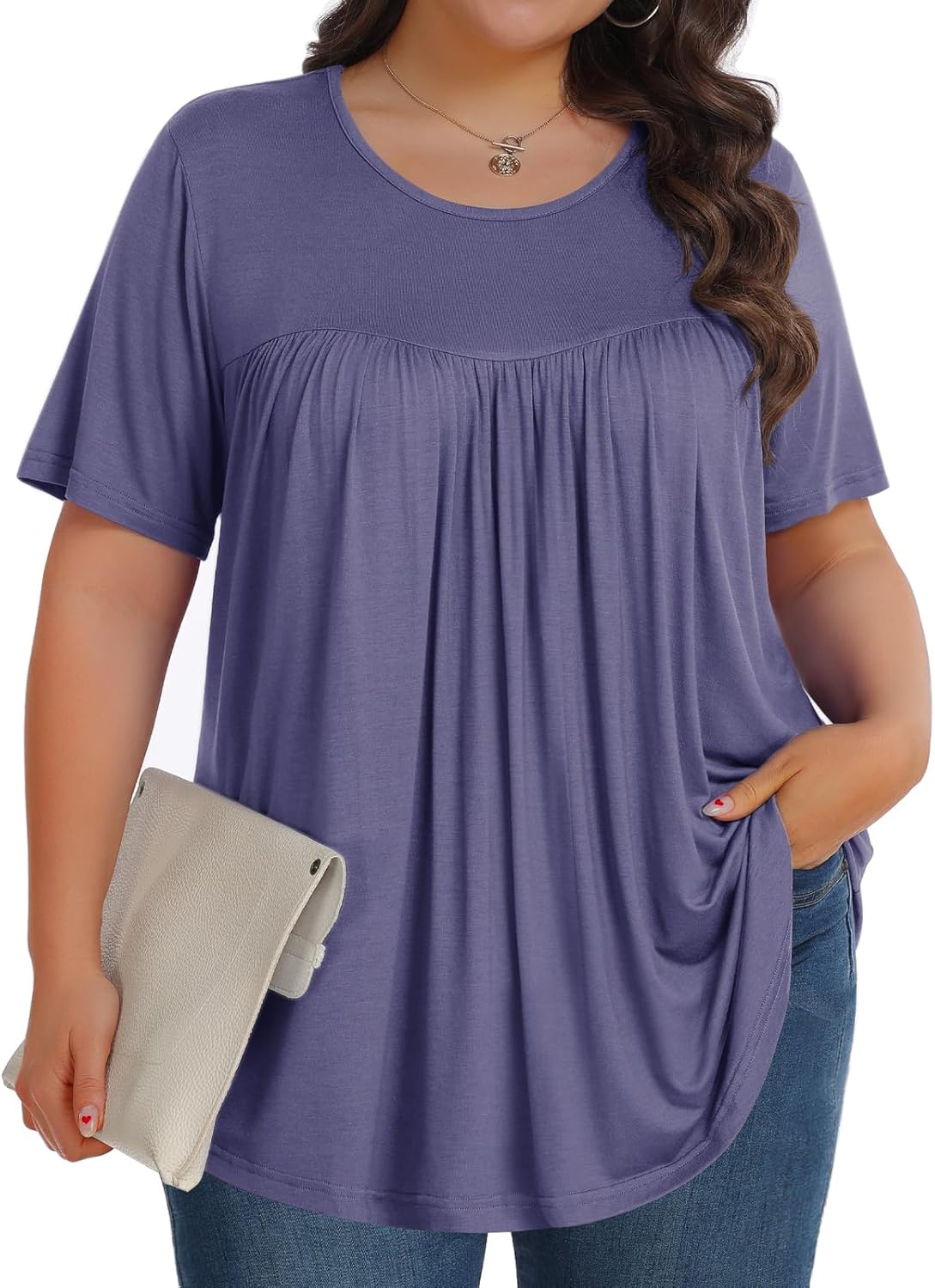 【Best Selling】Womens Plus Size Tops Tunic Short Sleeve Crew Neck Shirts Casual Soft Blouse M-5X