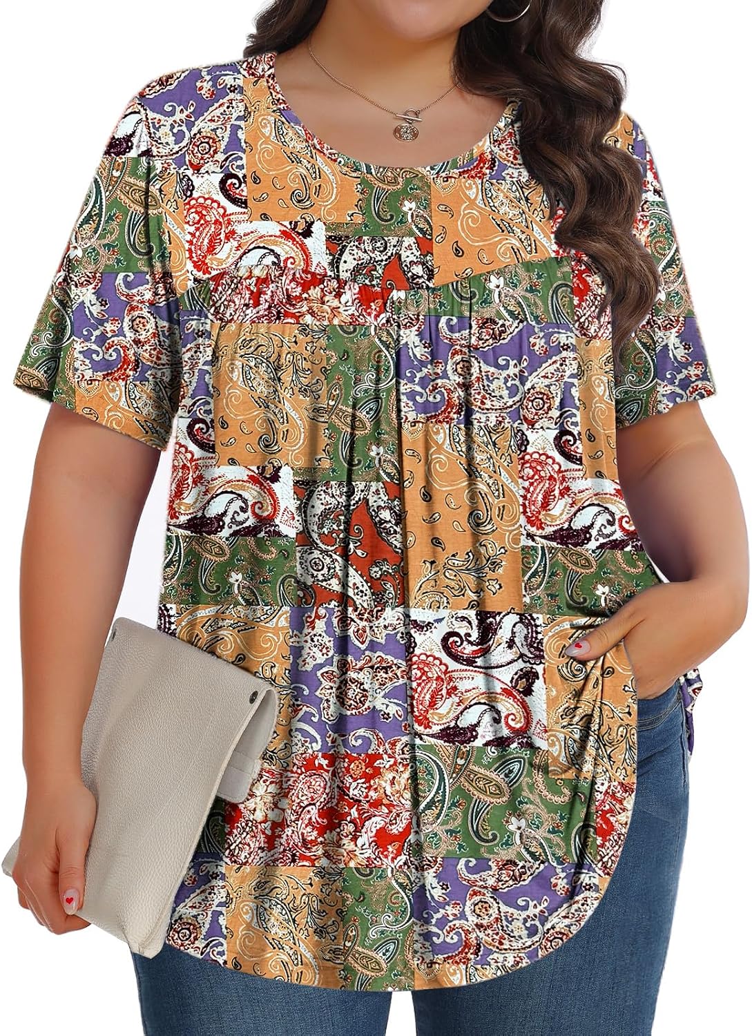 【Best Selling】Womens Plus Size Tops Tunic Short Sleeve Crew Neck Shirts Casual Soft Blouse M-5X
