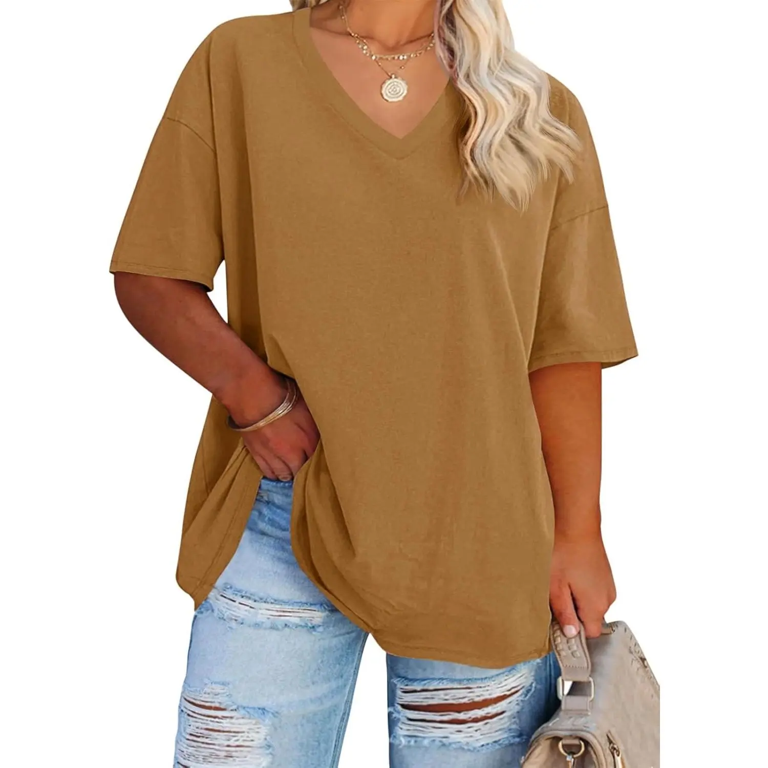 Women's Plus Size V Neck T Shirts Summer Half Sleeve Tees Casual Loose Fit Cotton Tunic Tops