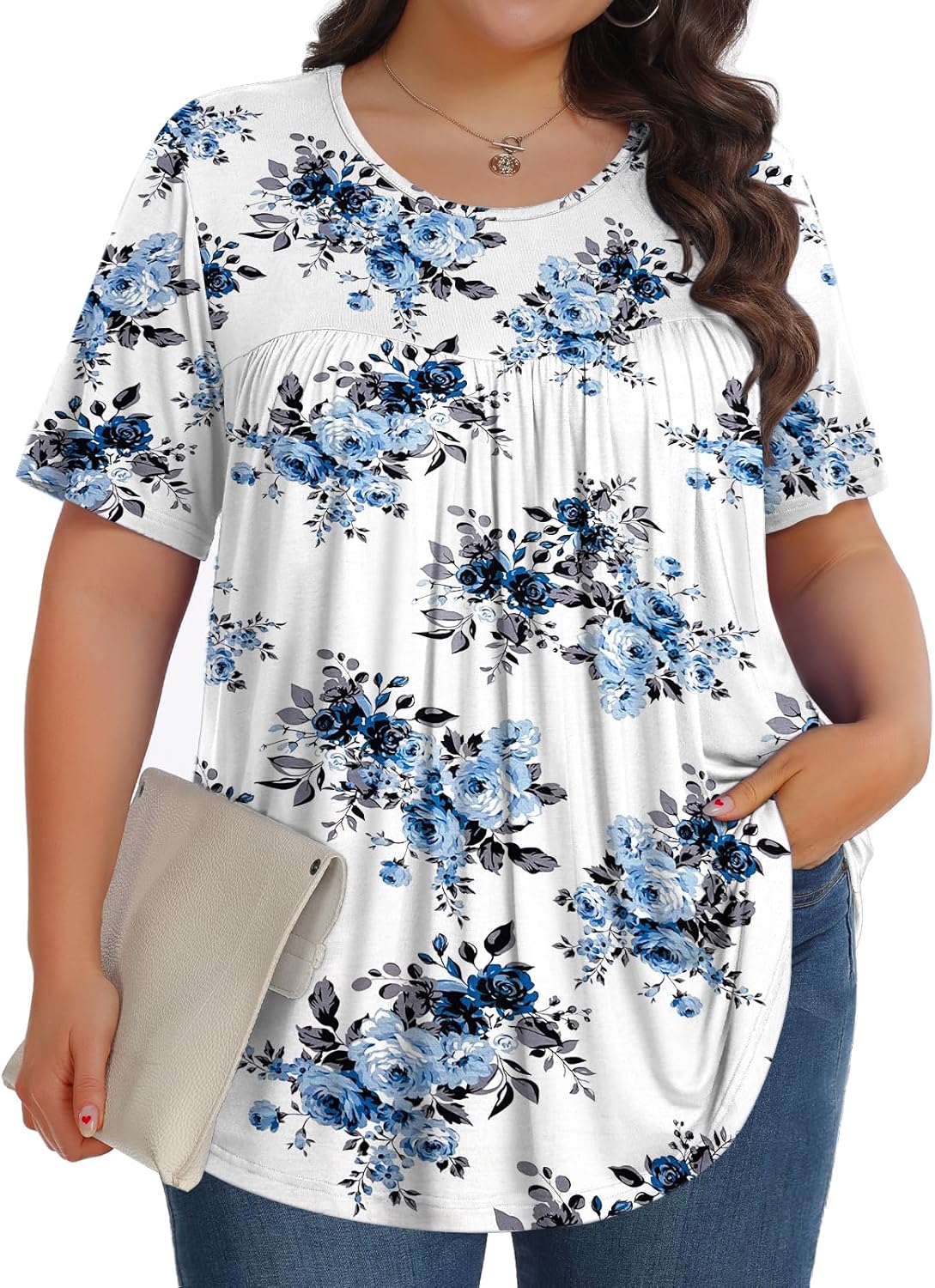 【Best Selling】Womens Plus Size Tops Tunic Short Sleeve Crew Neck Shirts Casual Soft Blouse M-5X
