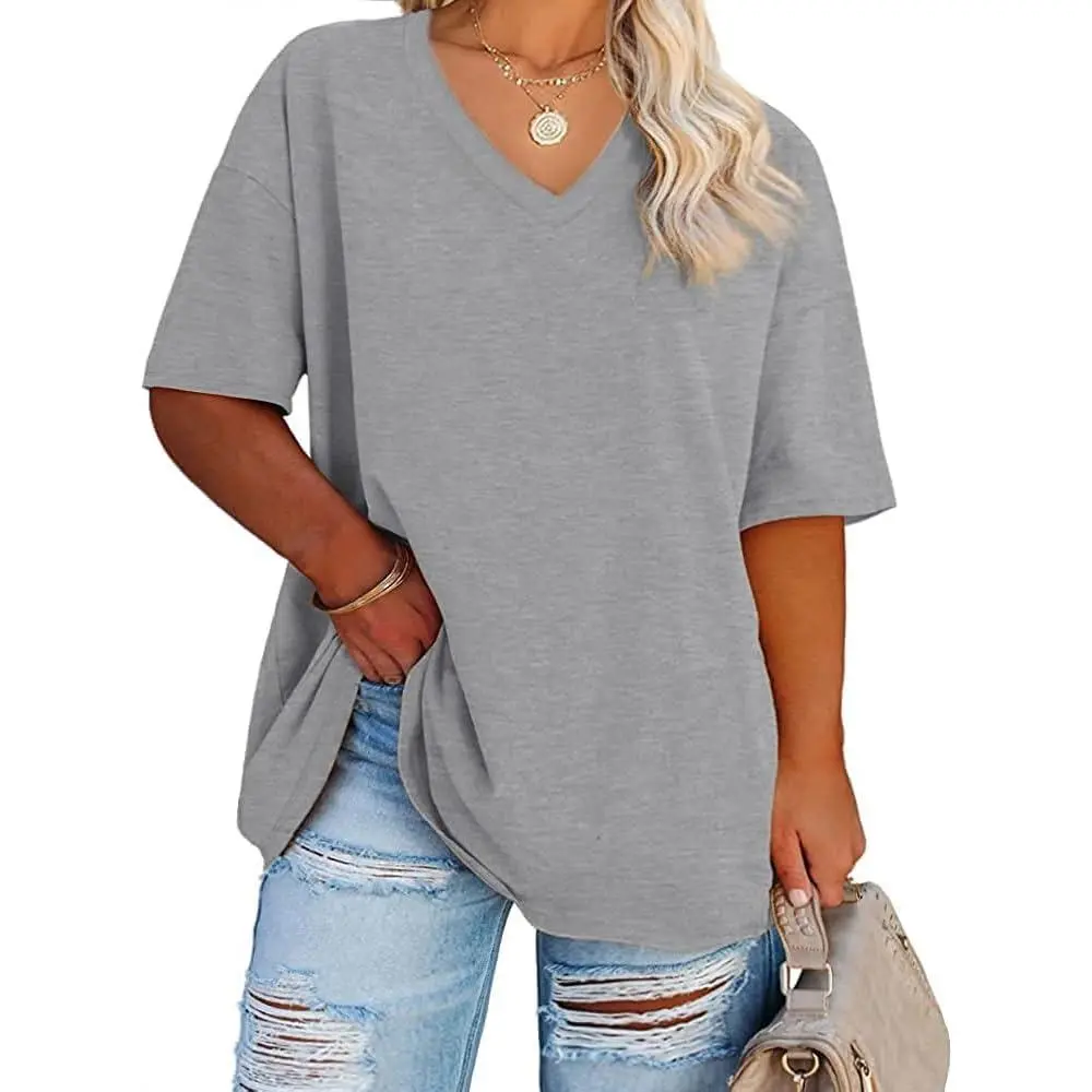 Women's Plus Size V Neck T Shirts Summer Half Sleeve Tees Casual Loose Fit Cotton Tunic Tops