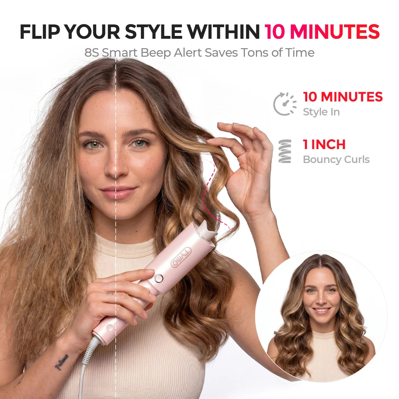 TYMO automatic hair curler transforms frizzy straight hair into bouncy 1-inch curls in just 10 minutes, with an 8-second smart beep alert for faster styling