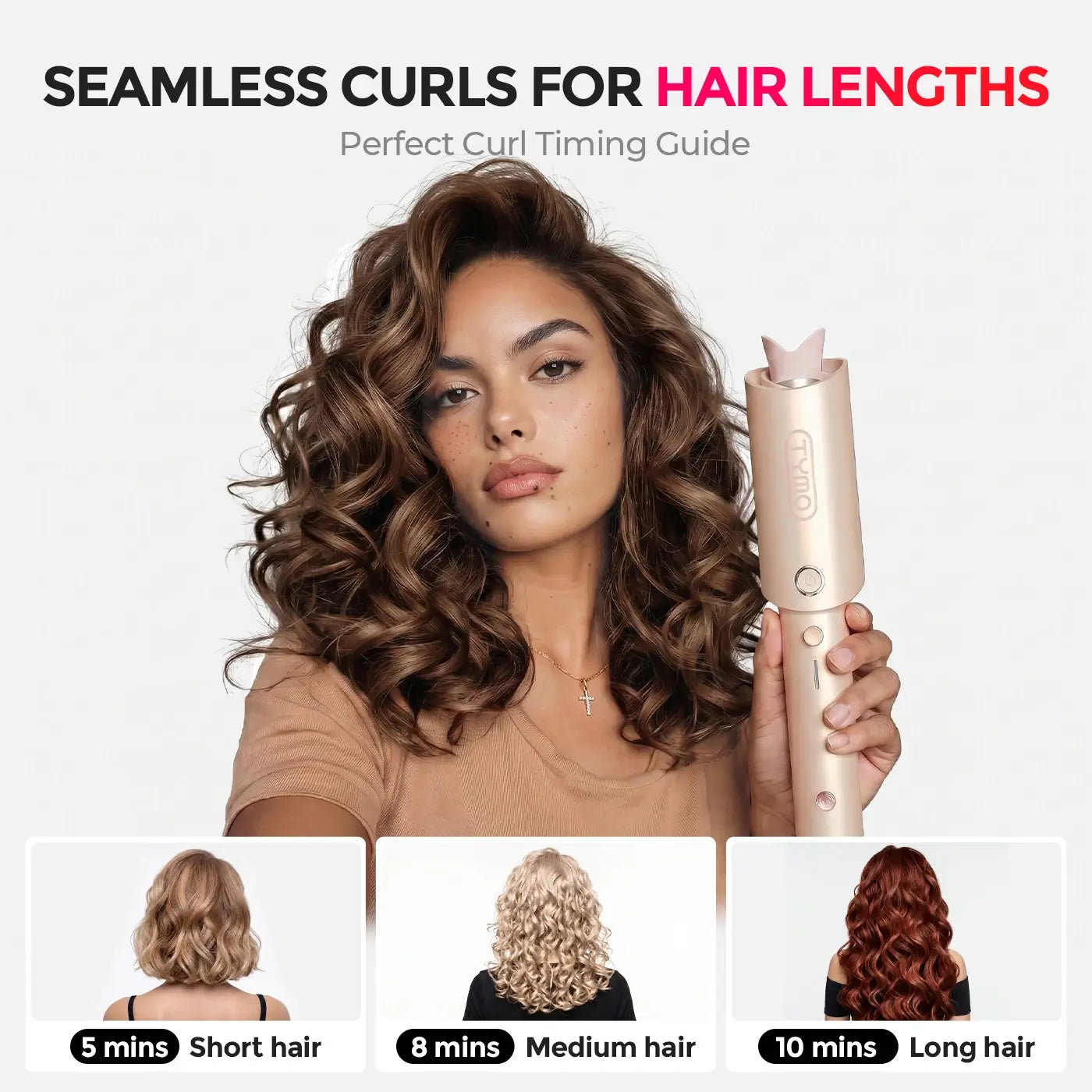 TYMO automatic curler works on all hair lengths: short hair styled in 5 minutes, medium hair in 8 minutes, and long hair in 10 minutes with perfect, seamless curls