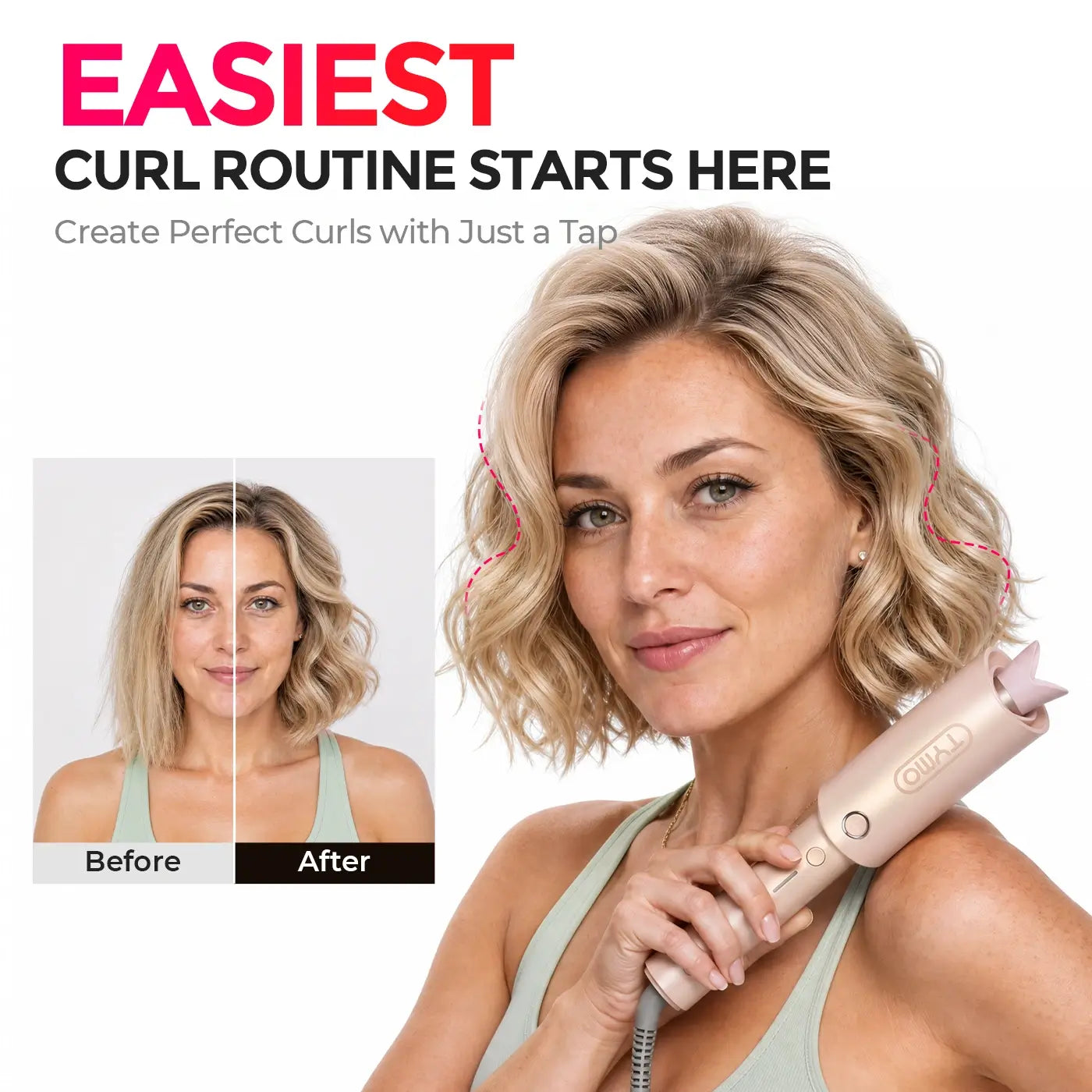 TYMO automatic curler before and after: easy one-tap styling transforms flat hair into defined, voluminous curls for beginners