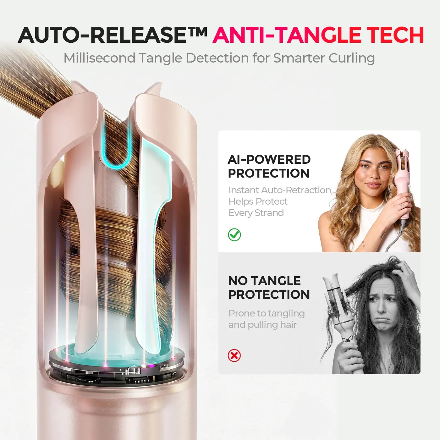 TYMO Auto-Release Anti-Tangle Technology: AI-powered protection instantly retracts hair to prevent tangling and pulling, unlike traditional curlers