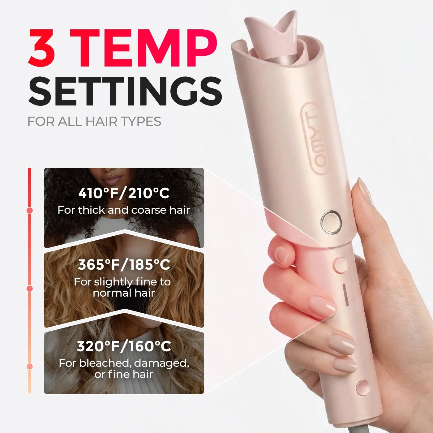 TYMO automatic curler with 3 temperature settings for all hair types: 320°F/160°C for fine/damaged hair, 365°F/185°C for normal hair, 410°F/210°C for thick/coarse hair