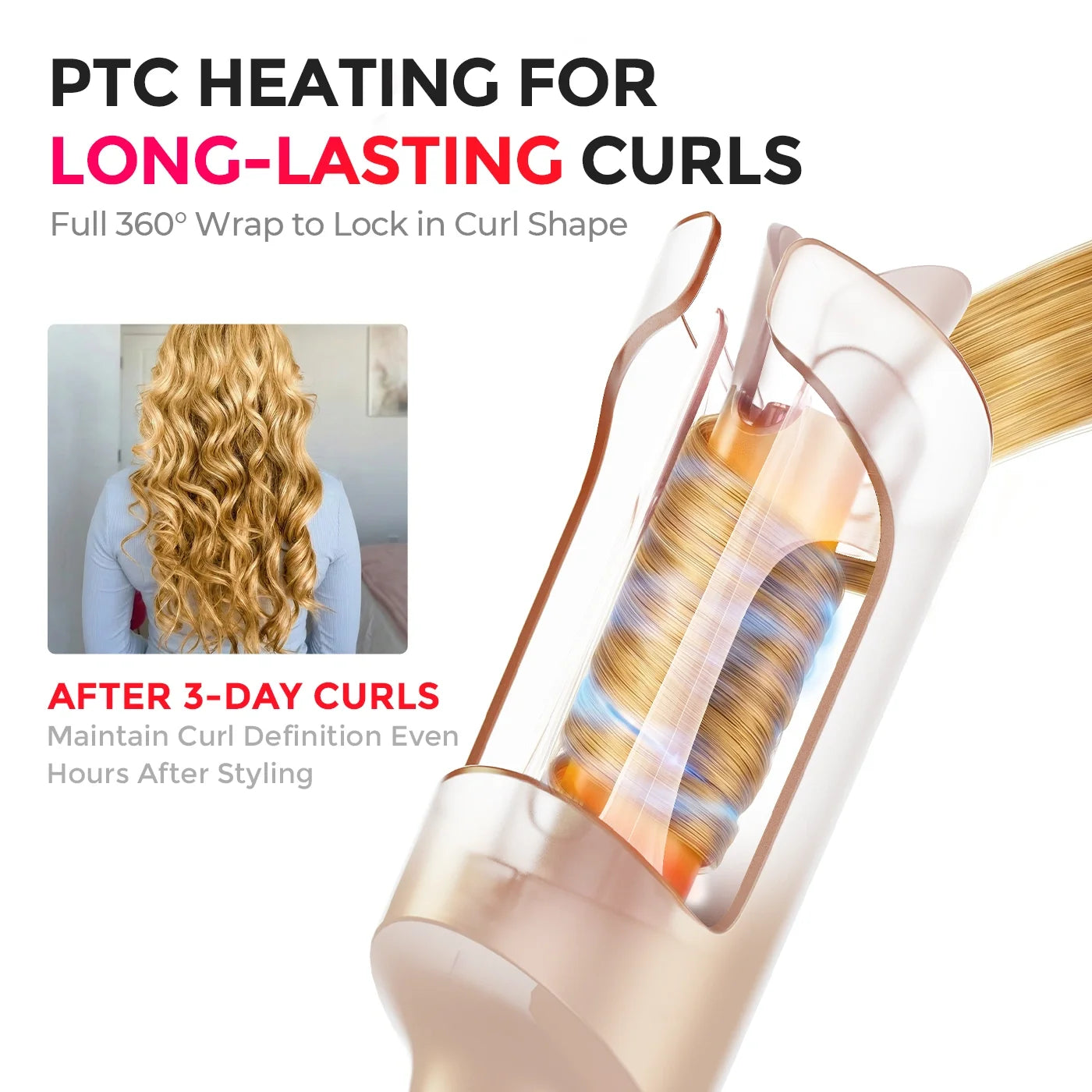 TYMO curler with PTC heating technology: 360° full wrap heat locks in curl shape for long-lasting, bouncy curls that stay defined for up to 3 days