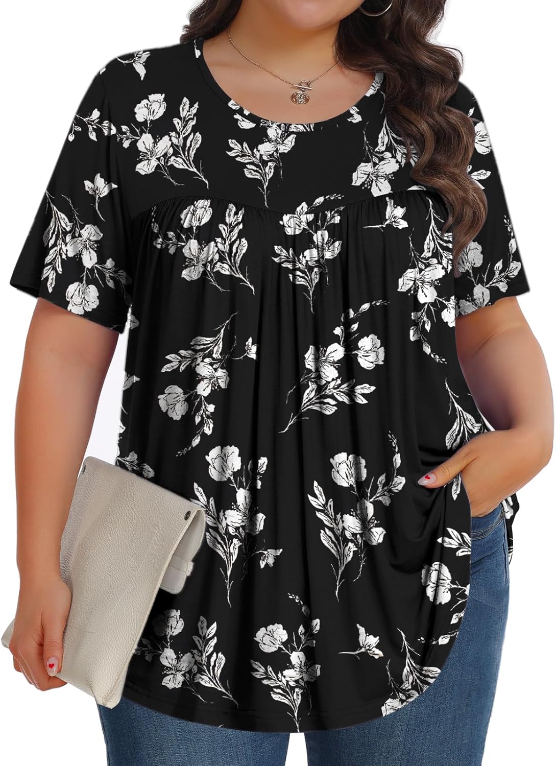 【Best Selling】Womens Plus Size Tops Tunic Short Sleeve Crew Neck Shirts Casual Soft Blouse M-5X
