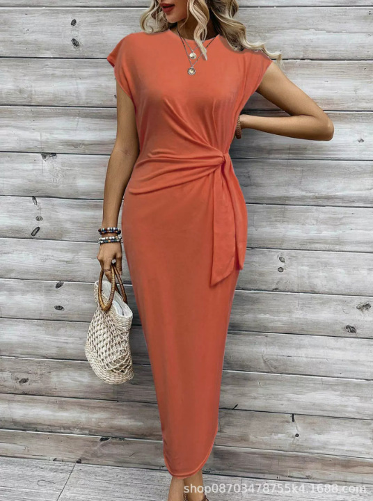 Women's high-end dress with an elegant temperament, featuring a waist tie, striped round neck, short sleeves, and a long design