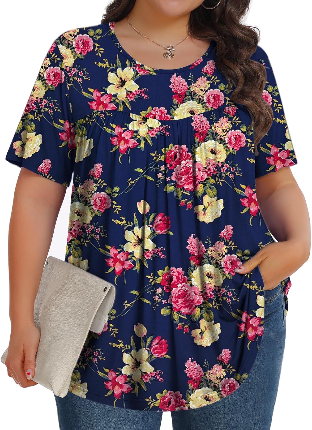 【Best Selling】Womens Plus Size Tops Tunic Short Sleeve Crew Neck Shirts Casual Soft Blouse M-5X