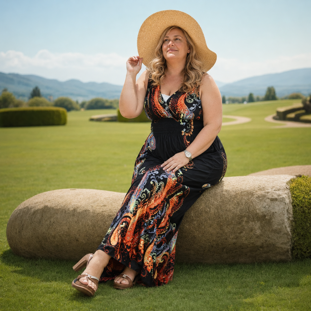 Vacation-style plus-size dress, Malaysian seaside ice silk printed long dress, beach dress