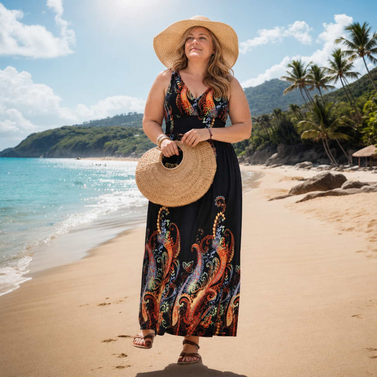 Vacation-style plus-size dress, Malaysian seaside ice silk printed long dress, beach dress