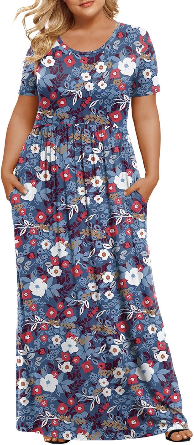 Women's Plus Size Maxi Dresses Summer Short Sleeve Casual Long Dress  XL-6XL