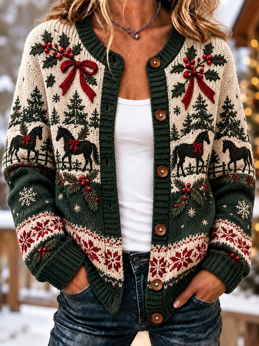 Women's Christmas Animal Retro Art Print Knitted Casual Sweater