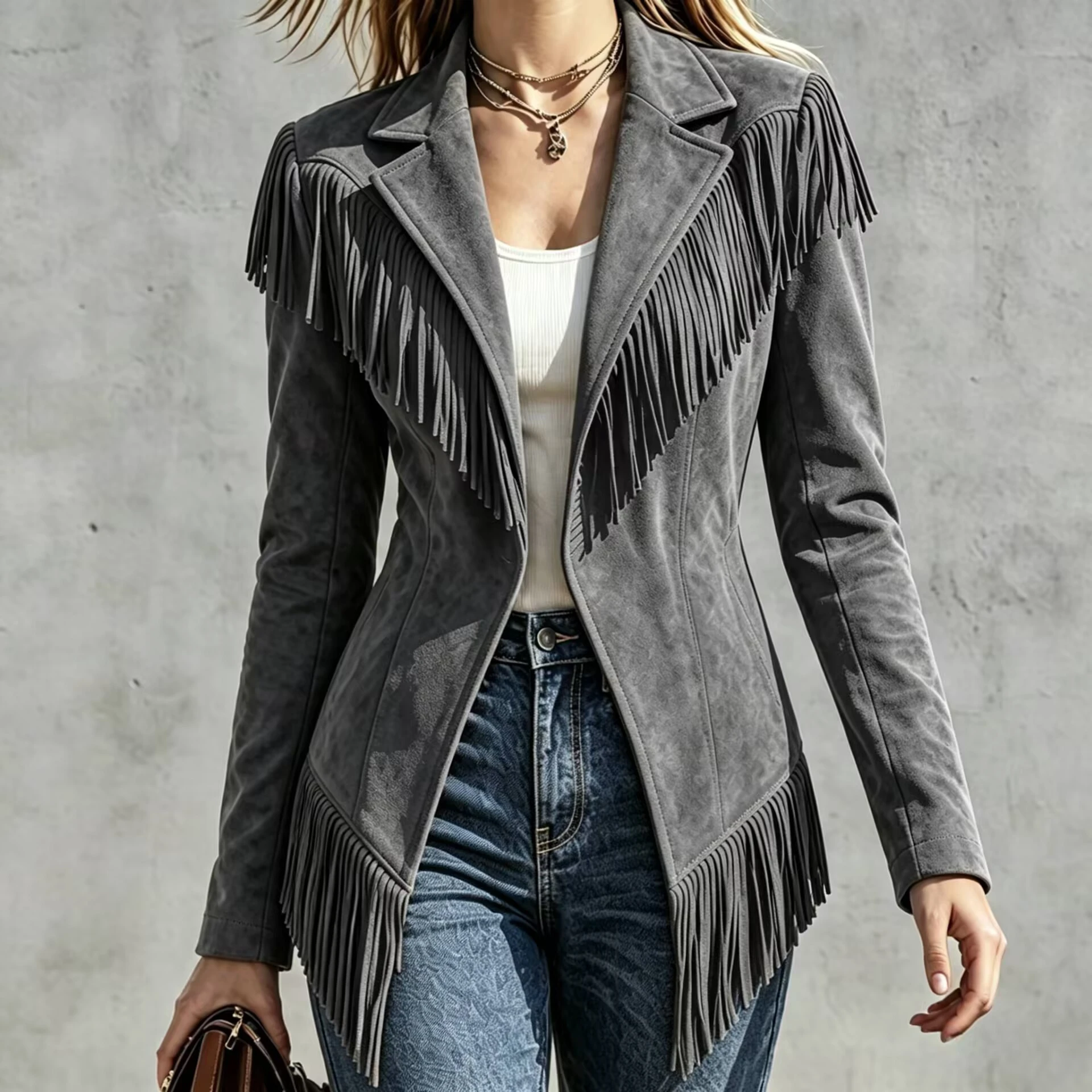 Fitted Faux‑suede Fringe Western Jacket