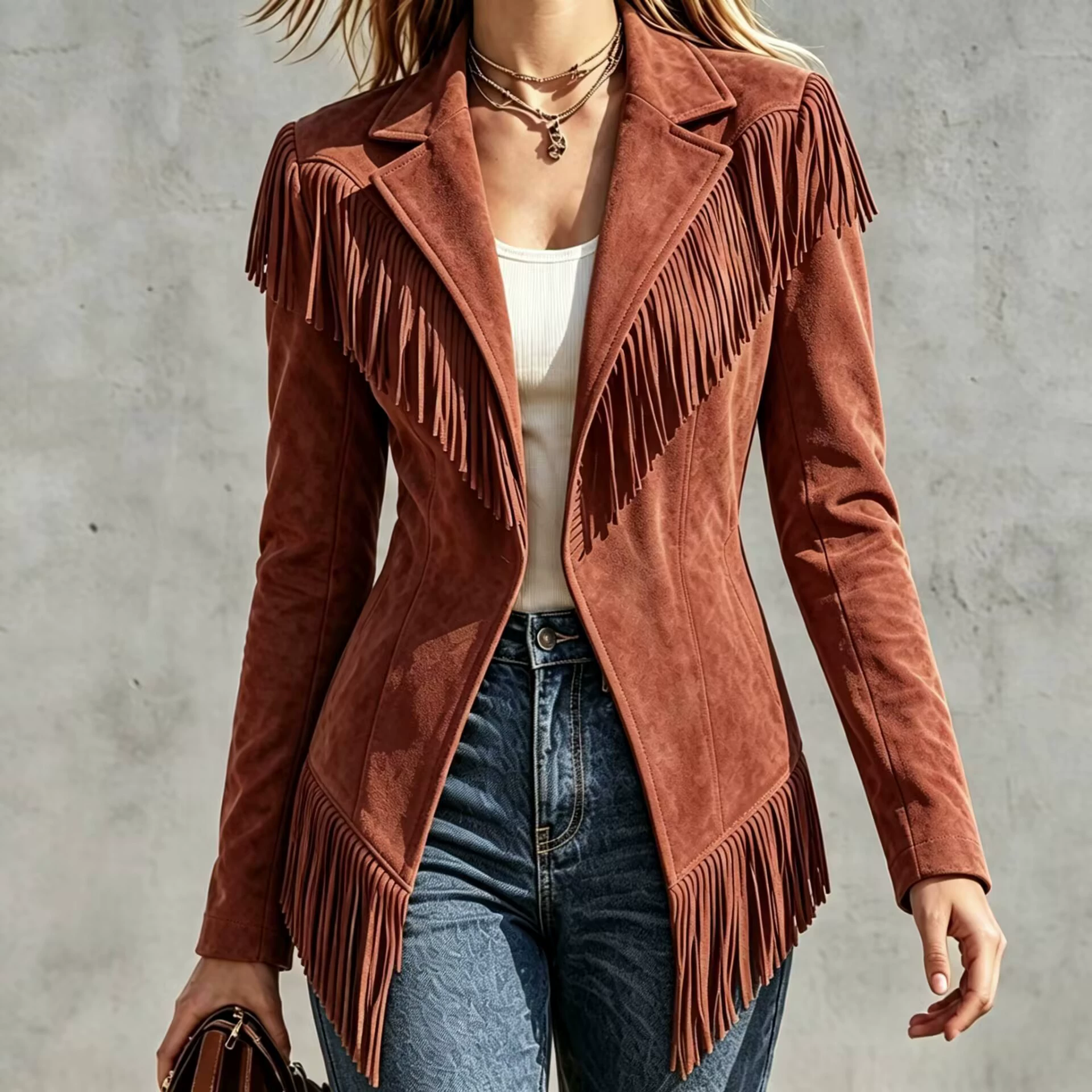 Fitted Faux‑suede Fringe Western Jacket