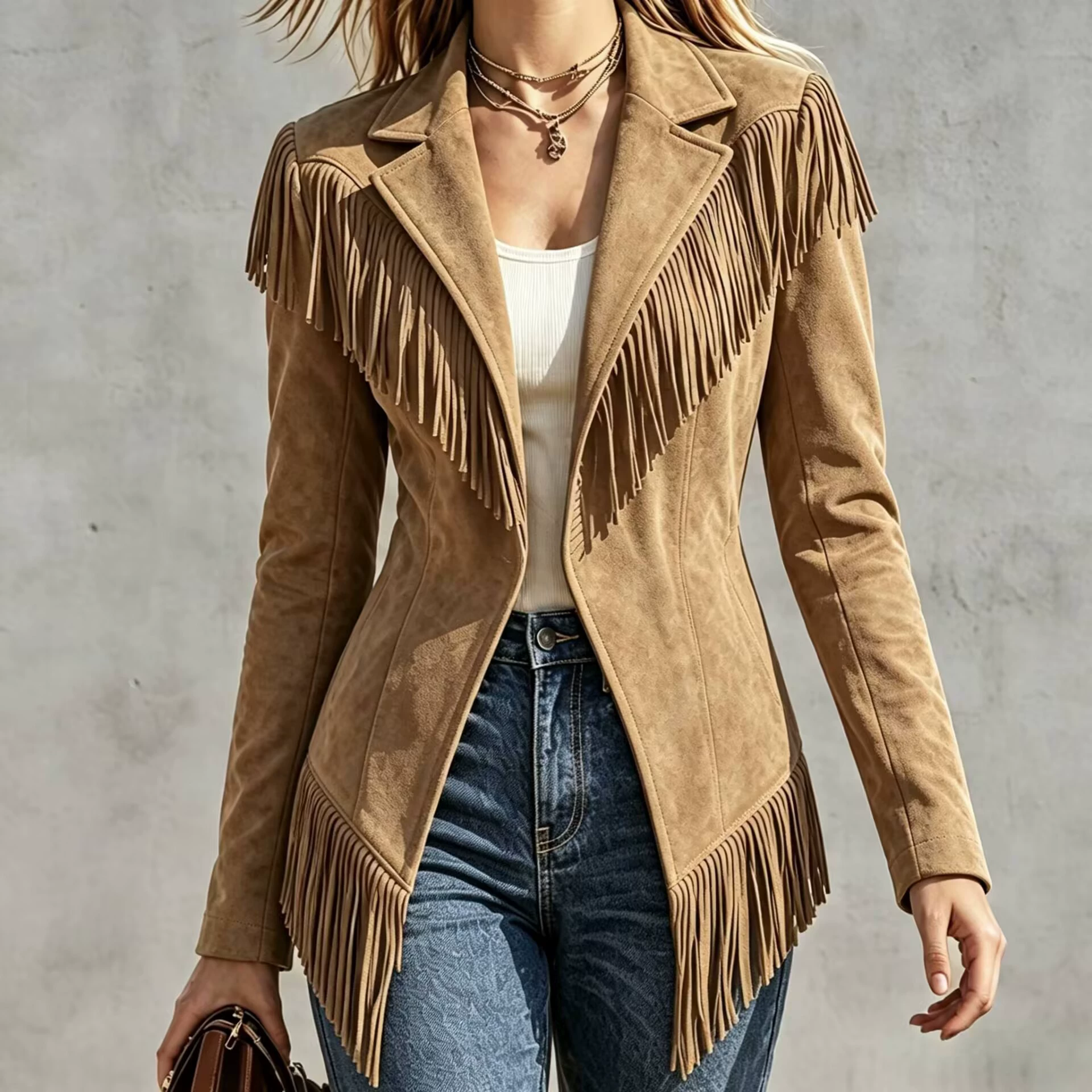 Fitted Faux‑suede Fringe Western Jacket