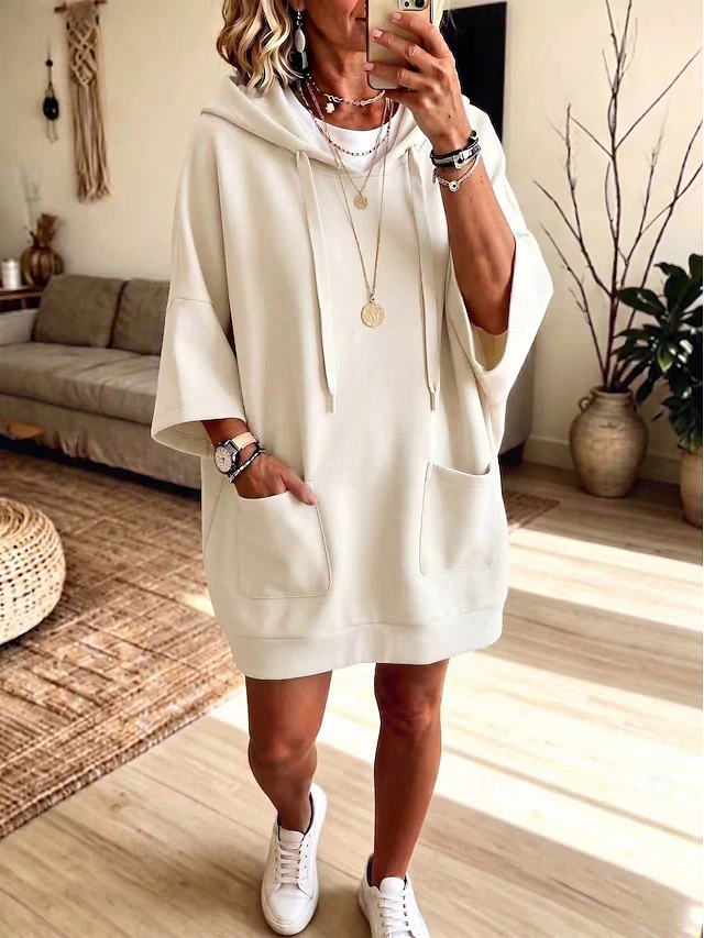 Women's Knee Length Dress Hoodie Dress Casual Daily Plain 3/4 Length Sleeve Hooded