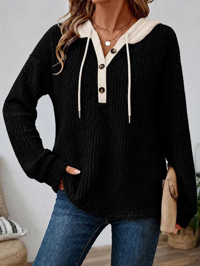 Women's Textured Sweatshirts Patchwork Buttons Vintage Long Sleeve Hooded Regular Tops