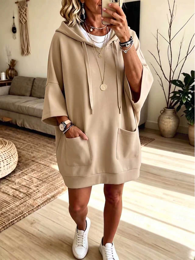 Women's Knee Length Dress Hoodie Dress Casual Daily Plain 3/4 Length Sleeve Hooded