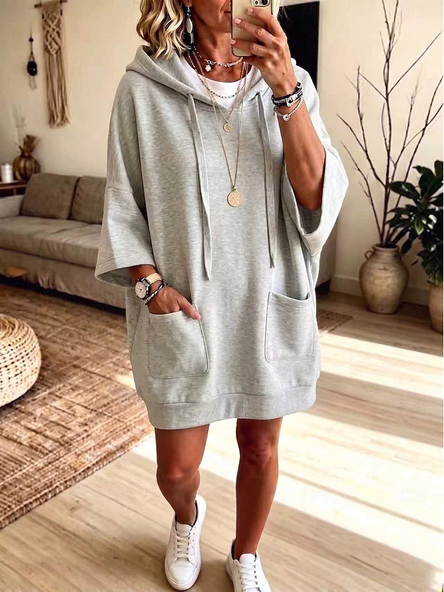 Women's Knee Length Dress Hoodie Dress Casual Daily Plain 3/4 Length Sleeve Hooded