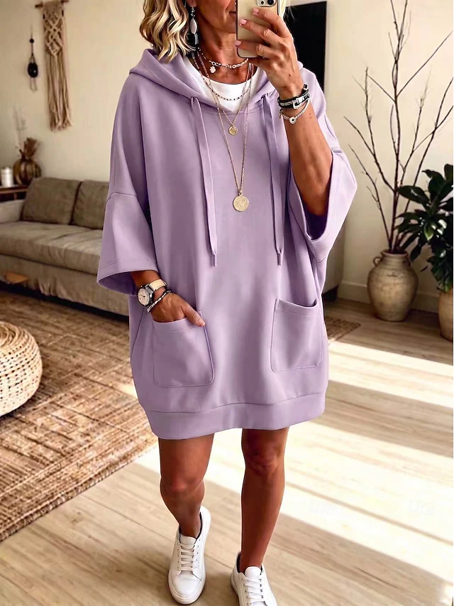 Women's Knee Length Dress Hoodie Dress Casual Daily Plain 3/4 Length Sleeve Hooded