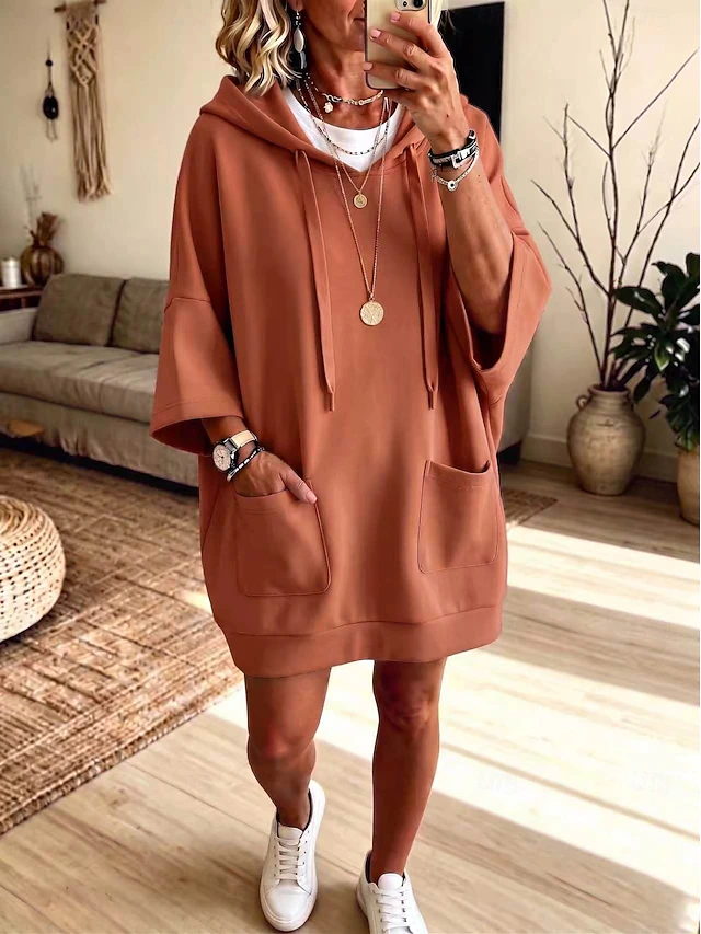 Women's Knee Length Dress Hoodie Dress Casual Daily Plain 3/4 Length Sleeve Hooded