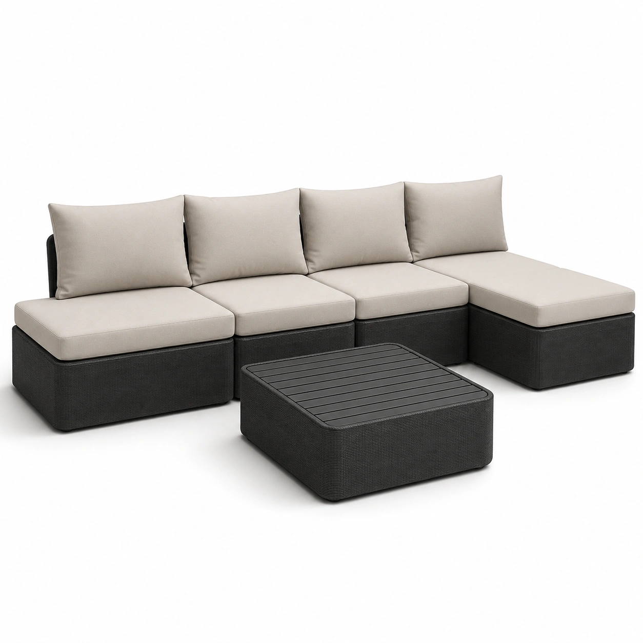 sofa de mimbre negro modular con mesa de centro