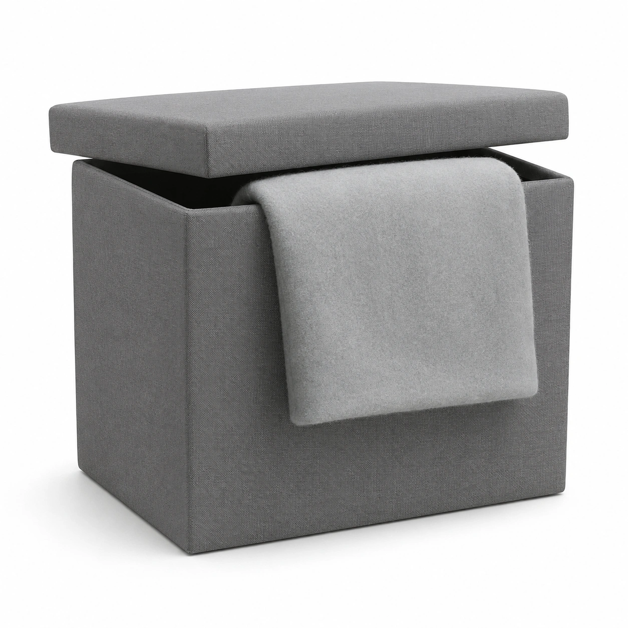 Puf cuadrado tapizado gris con almacenaje
