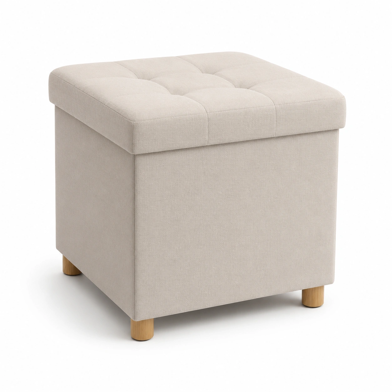 Puf cuadrado acolchado beige con almacenaje