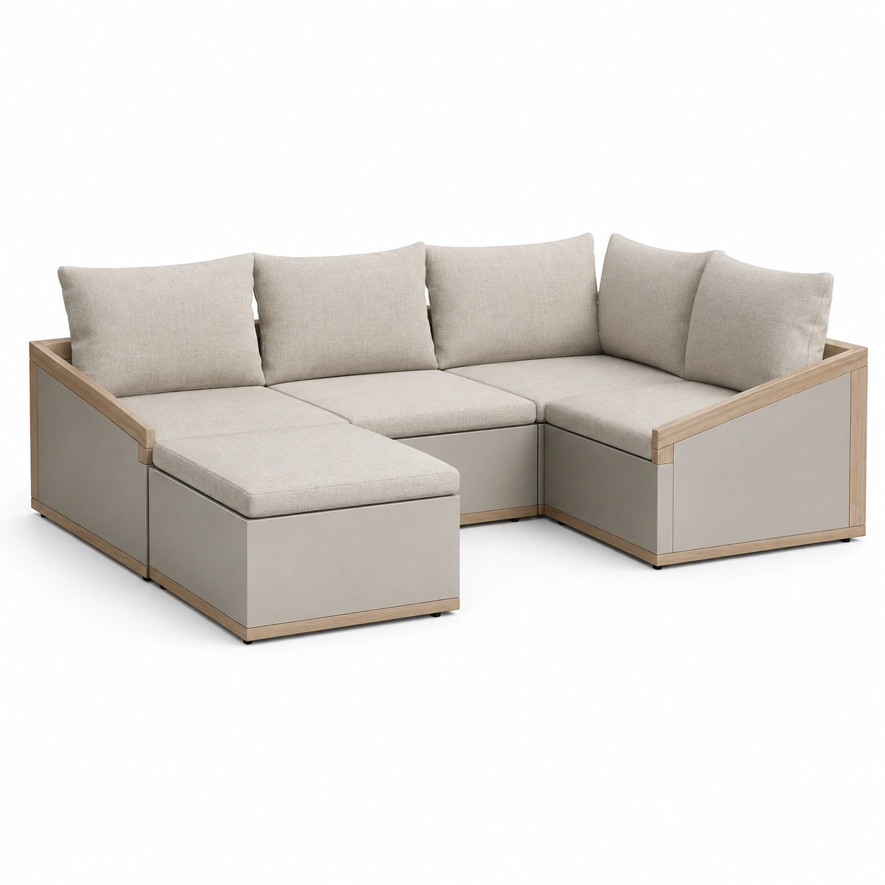 sofa esquinero con marco de madera clara