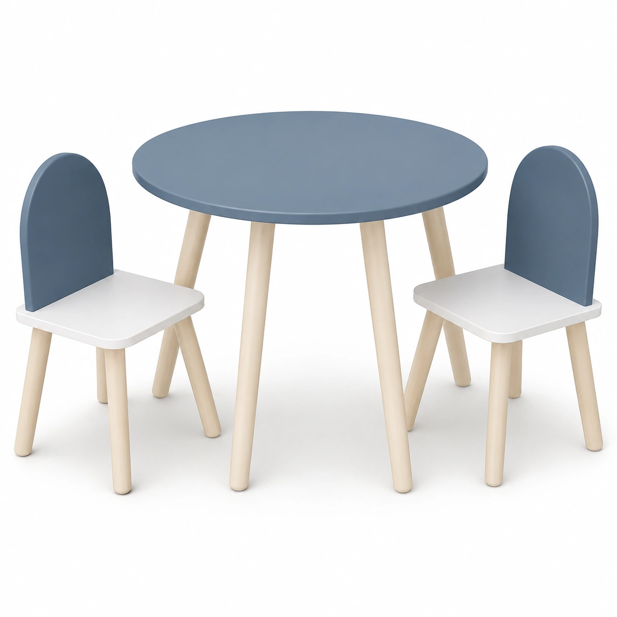 Conjunto de mesa redonda azul con dos sillas para niños