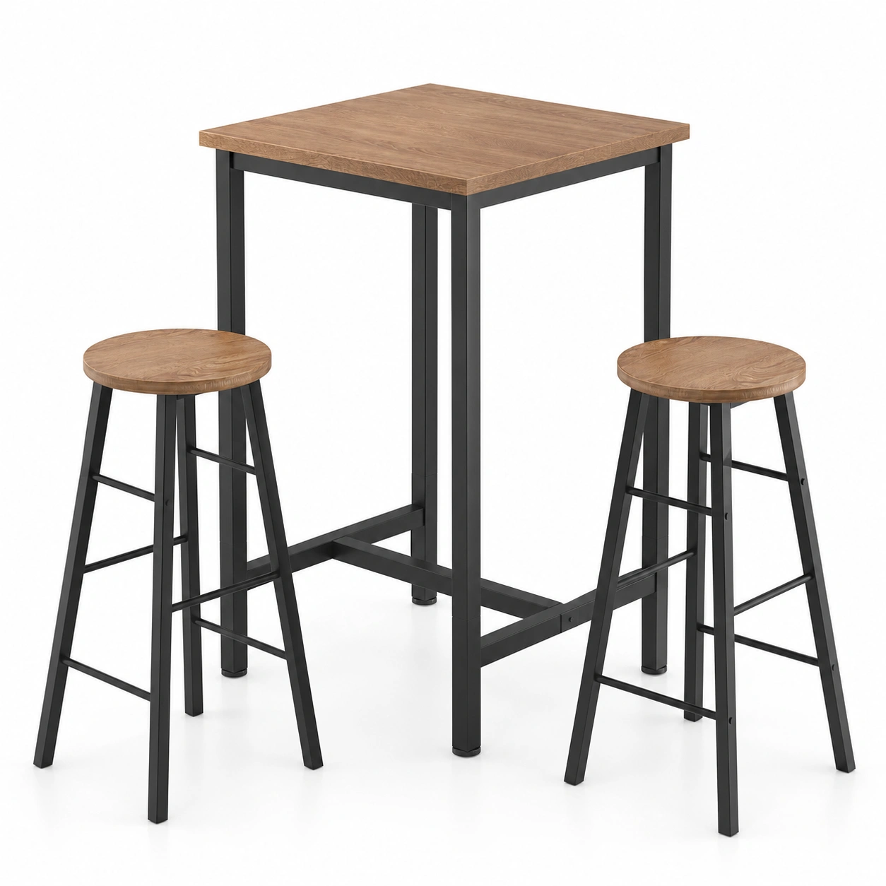 Conjunto de mesa alta con taburetes redondos color madera oscura