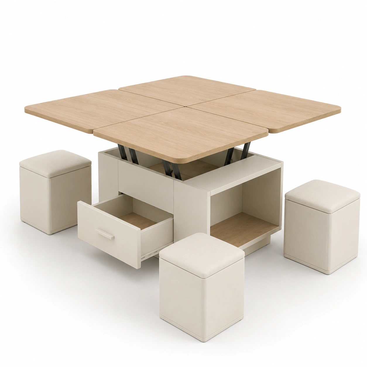 Conjunto de mesa comedor elevable con taburetes de almacenamiento