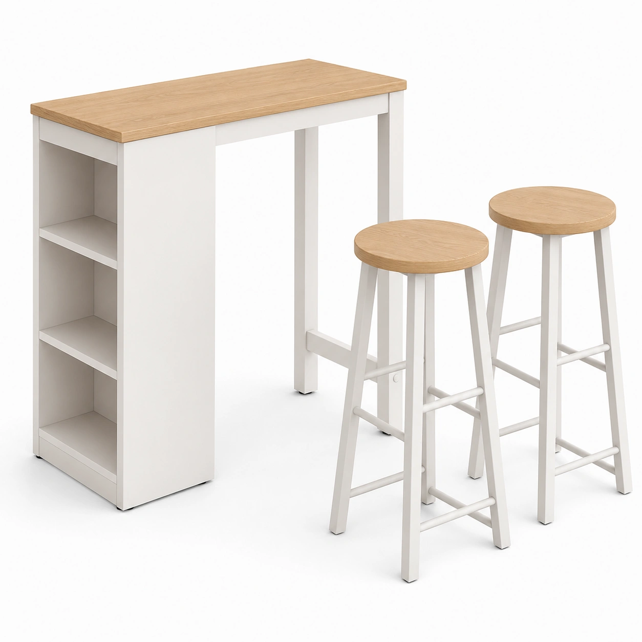 Mesa alta con dos taburetes y estante de almacenamiento