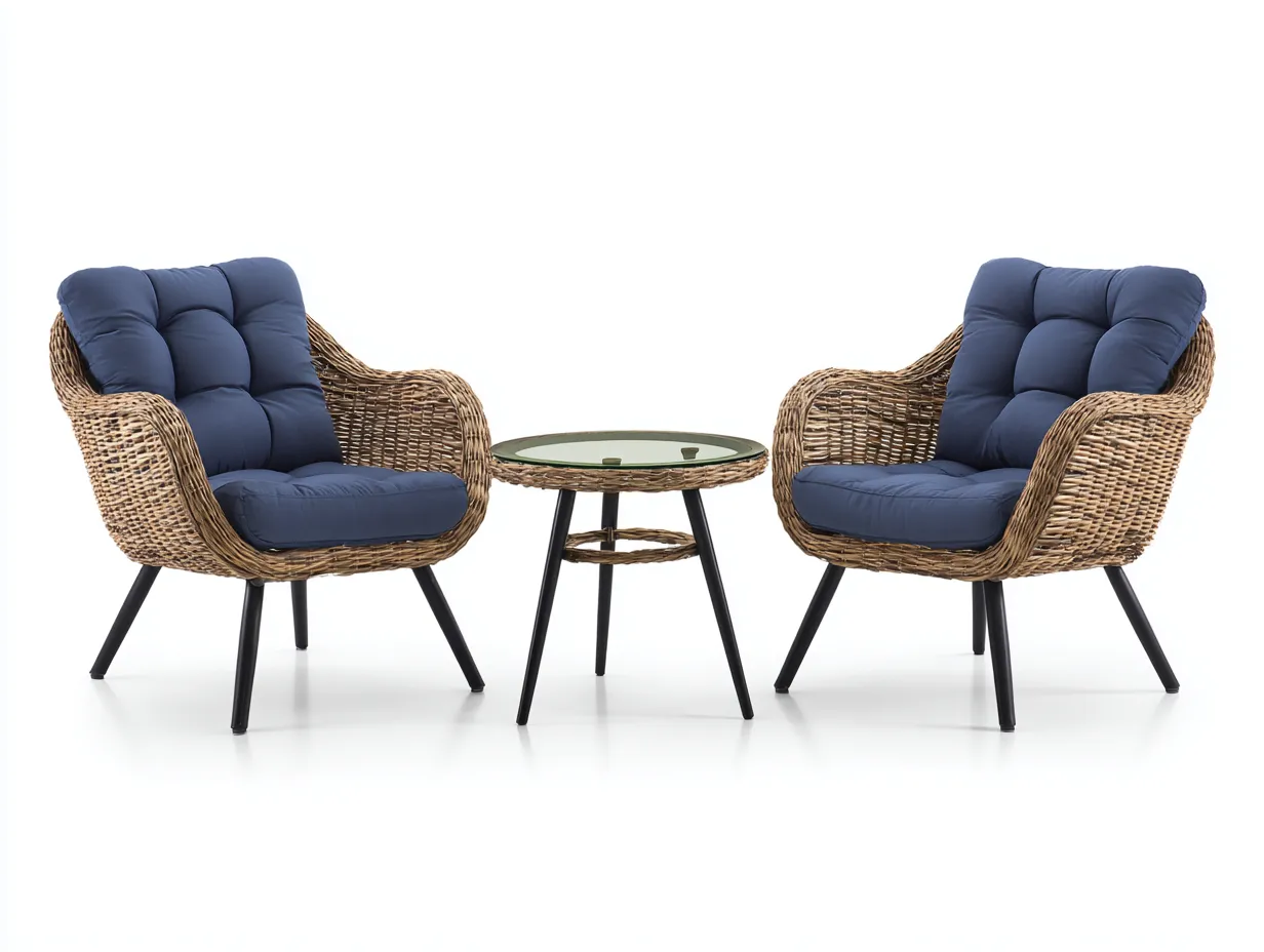 Loungesessel-Set Rattan 74x78x79 cm - natur und blau und schwarz - Glastisch für Außenbereich
