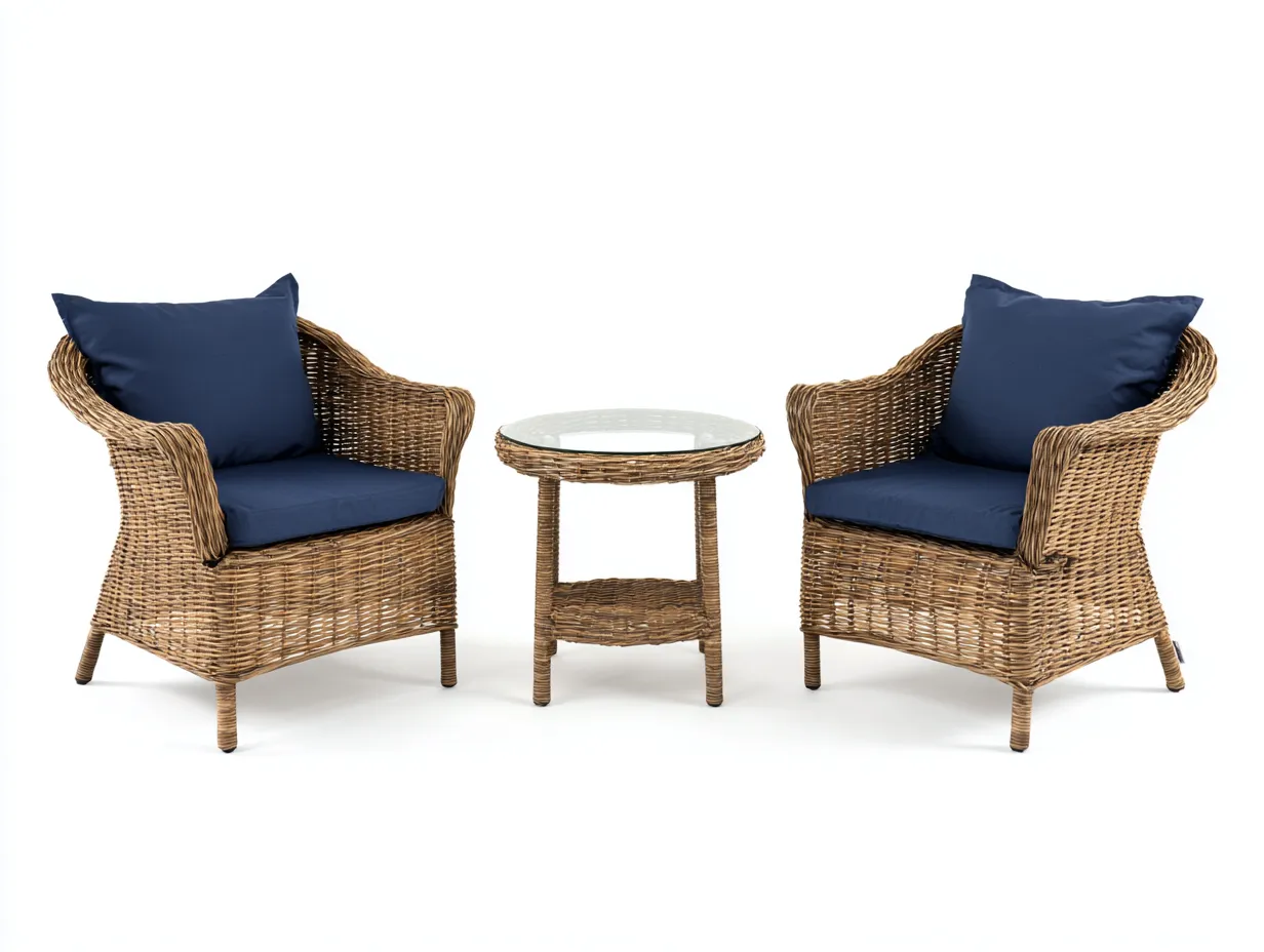 Loungesessel-Set Rattan 75x79x78 cm - natur und blau - runder Tisch für Außenbereich