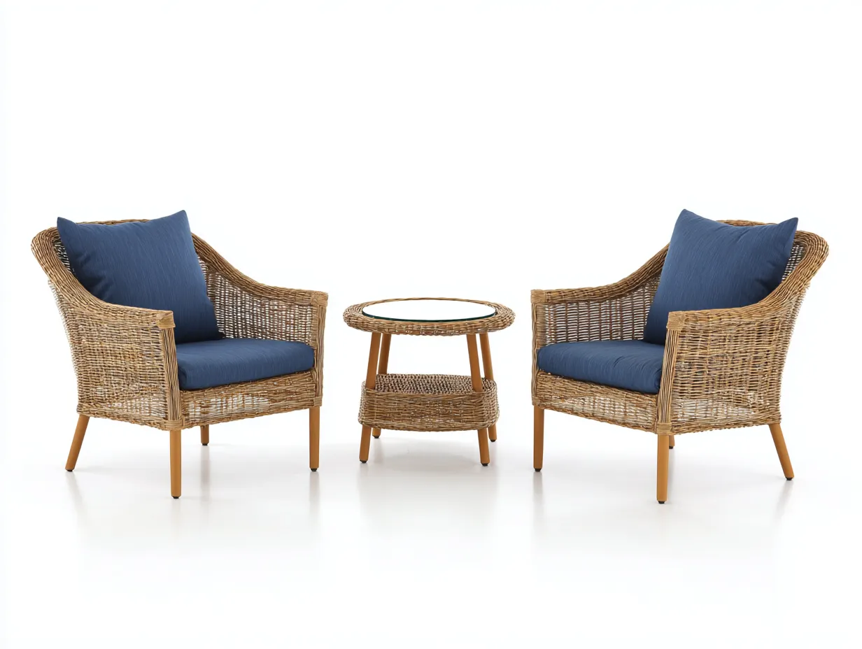 Loungesessel-Set Rattan 73x77x78 cm - natur und blau - Ablagetisch mit Glas für Außenbereich