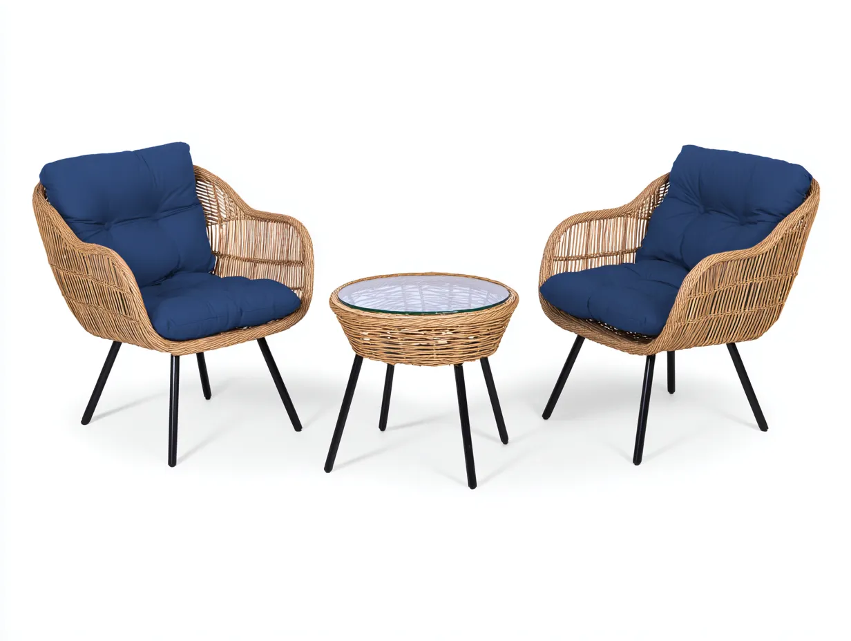 Loungesessel-Set Rattan 76x80x80 cm - natur und blau und schwarz - runder Couchtisch für Außenbereich