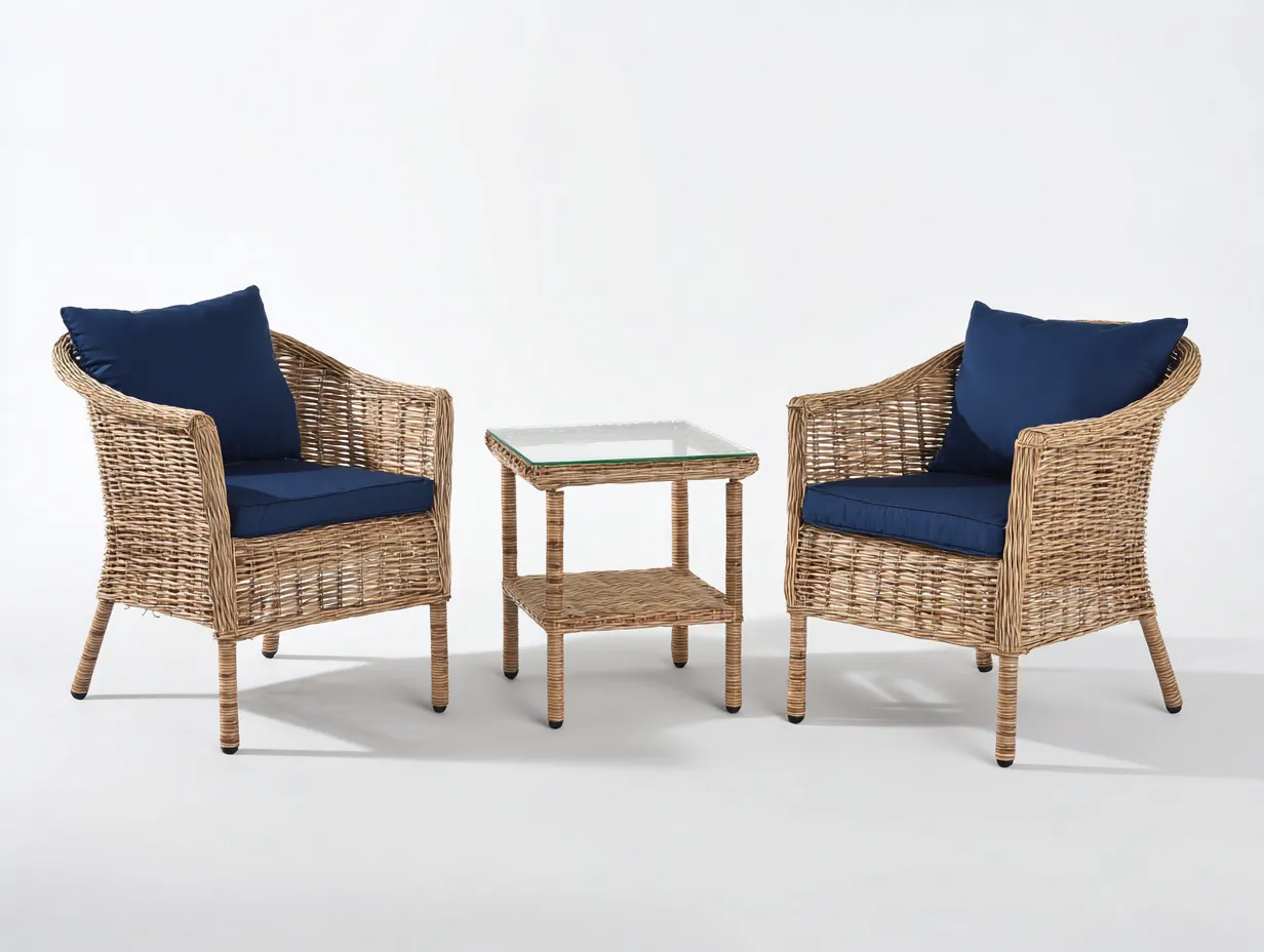 Loungesessel-Set Rattan 74x78x79 cm - natur und blau - quadratischer Glastisch für Außenbereich