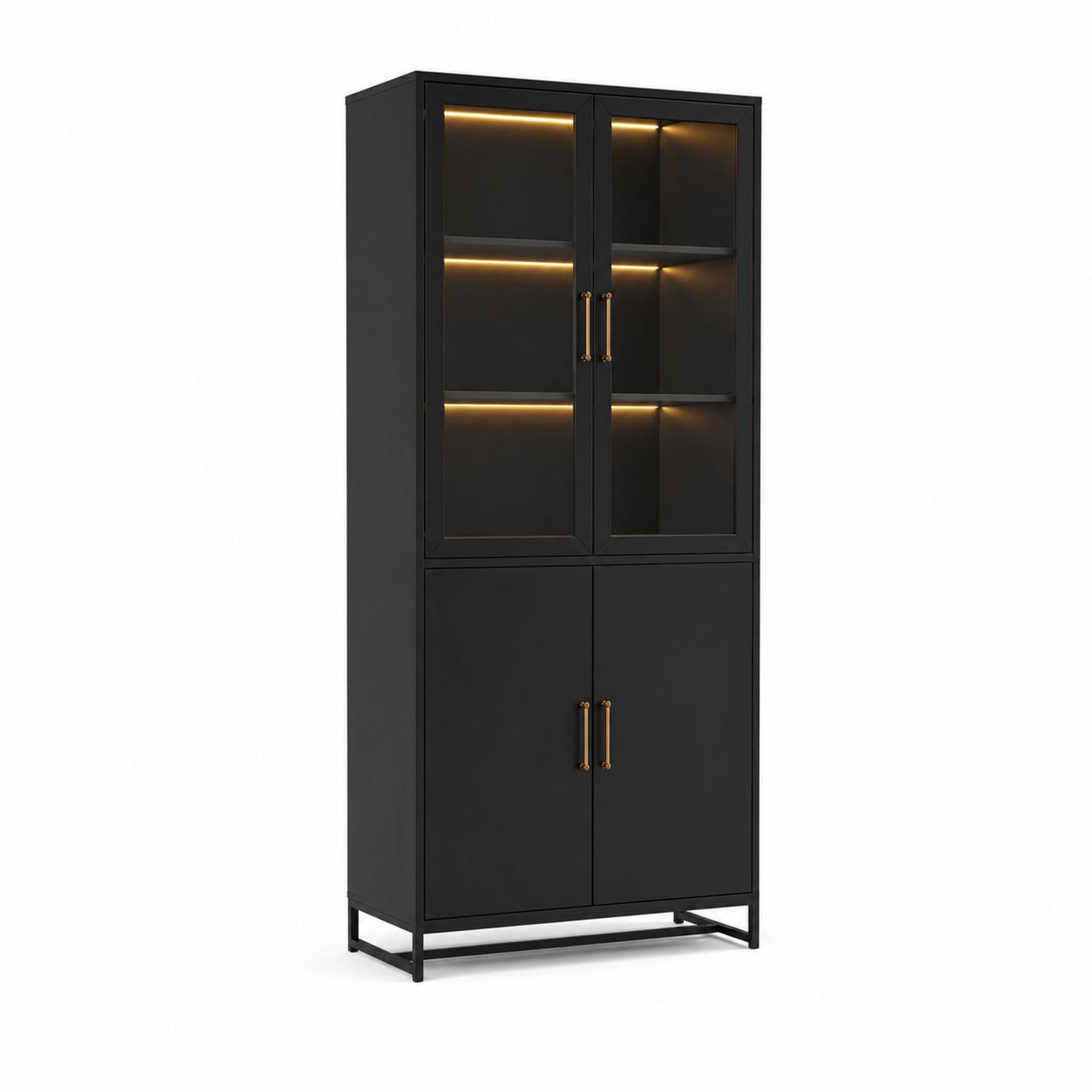 Metall-Bücherschrank mit Glasfronten und LED-Beleuchtung Schwarz